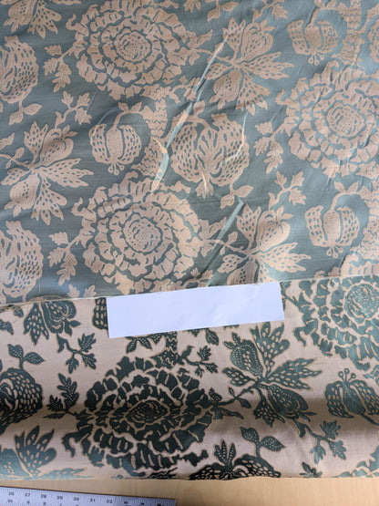 BTY 100% Silk Lampas Papercut Tree Of Life Pom "Aquamist" Aqua Blue Beige