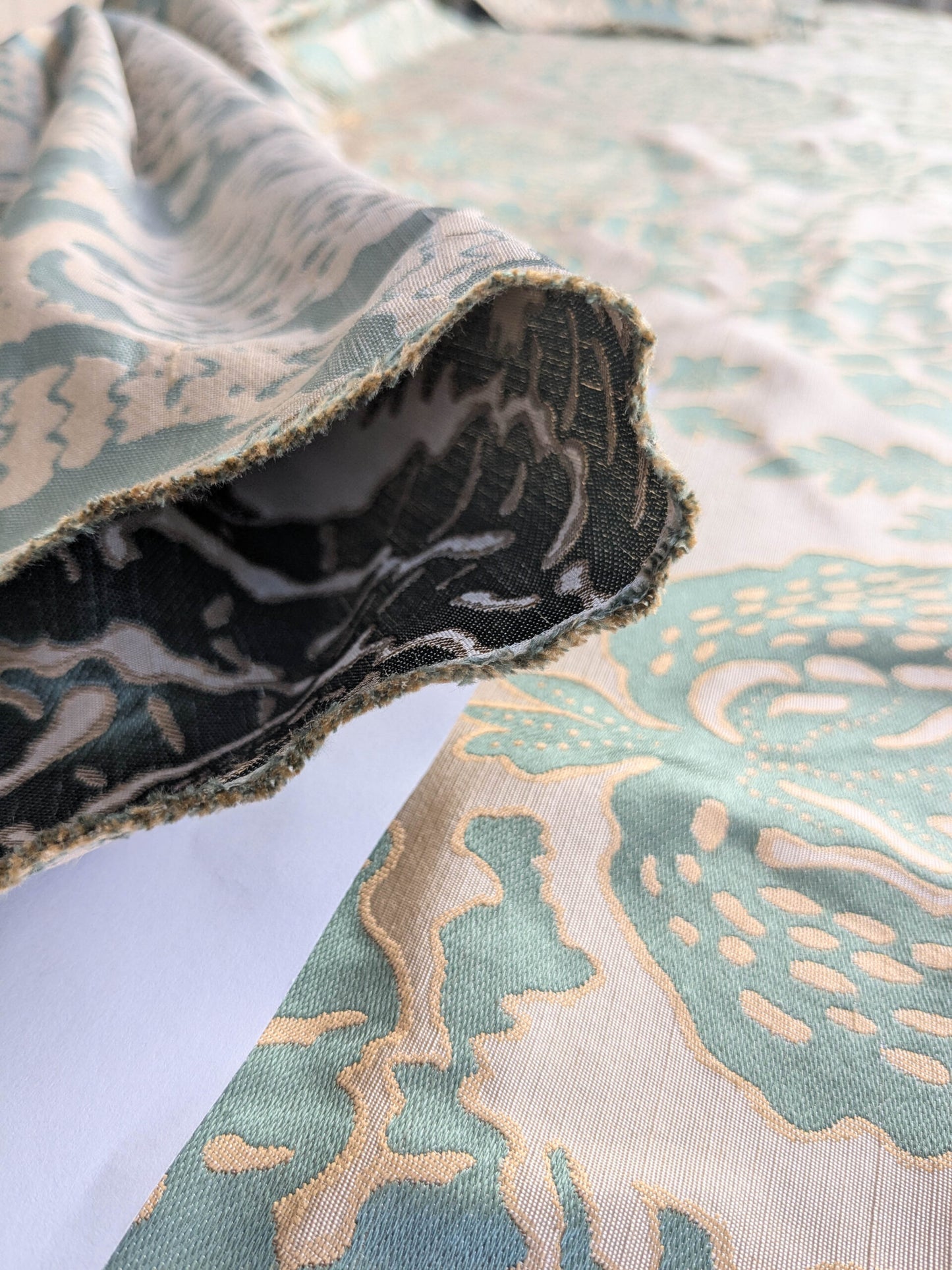 BTY 100% Silk Lampas Papercut Tree Of Life Pom "Aquamist" Aqua Blue Beige