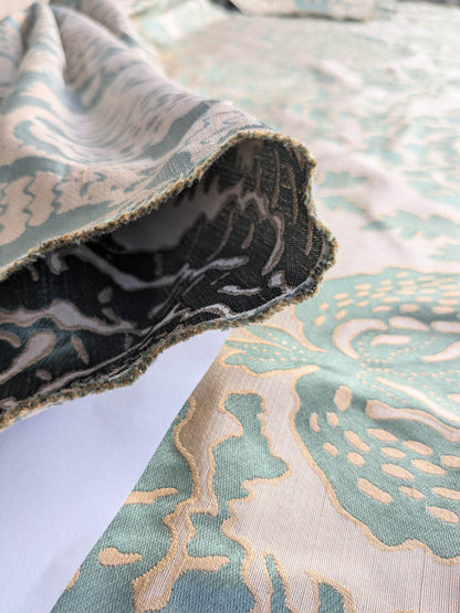 BTY 100% Silk Lampas Papercut Tree Of Life Pom "Aquamist" Aqua Blue Beige