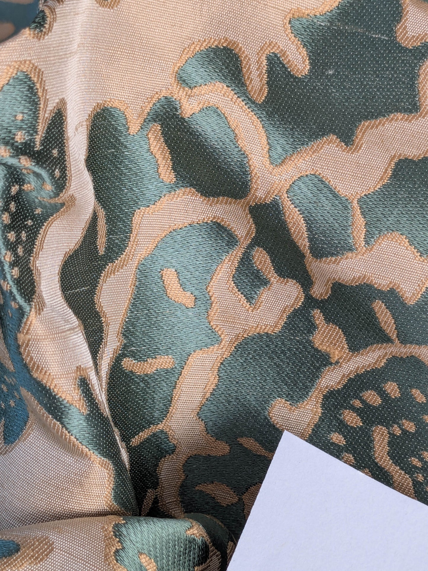 BTY 100% Silk Lampas Papercut Tree Of Life Pom "Aquamist" Aqua Blue Beige