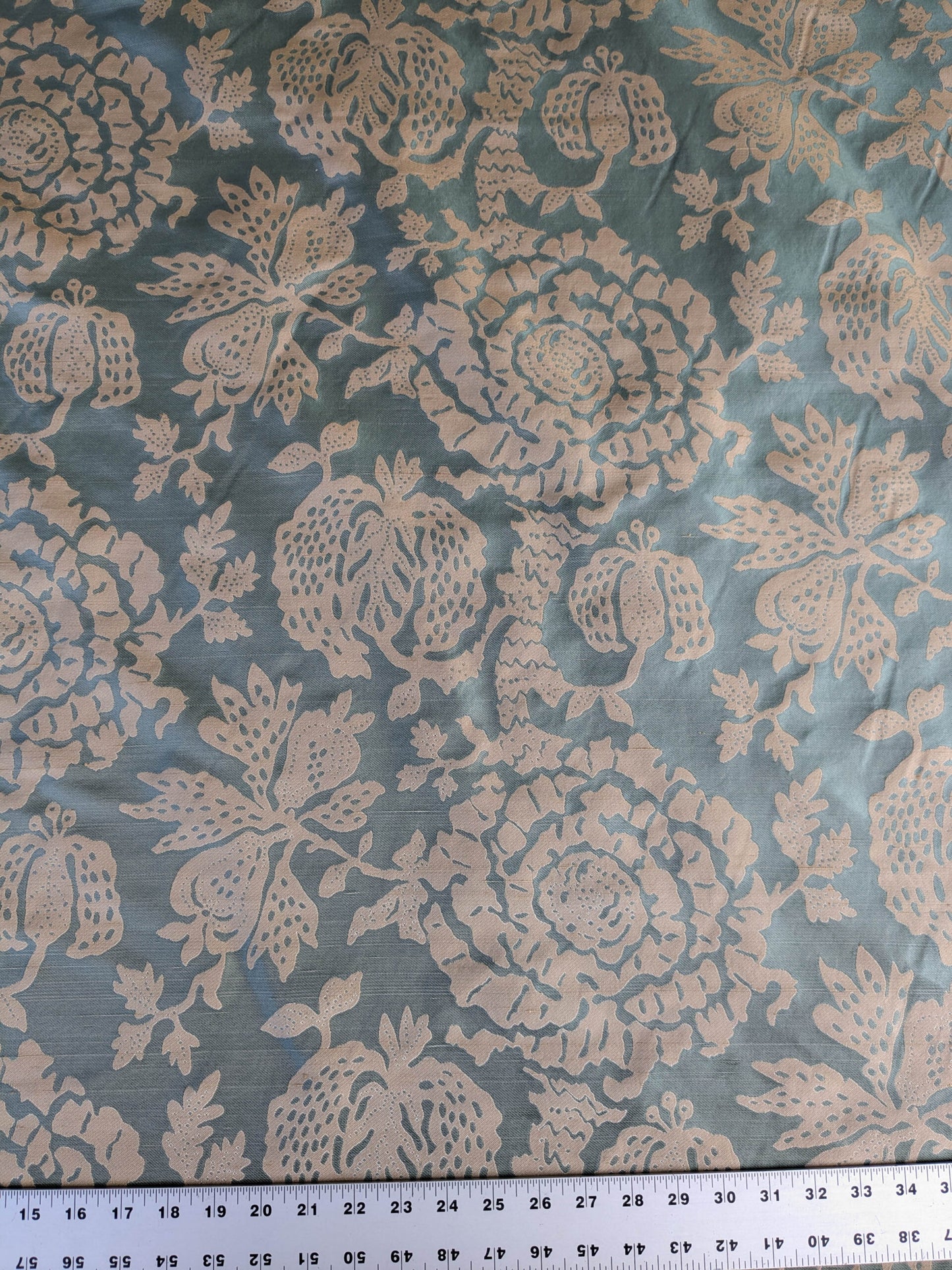 BTY 100% Silk Lampas Papercut Tree Of Life Pom "Aquamist" Aqua Blue Beige