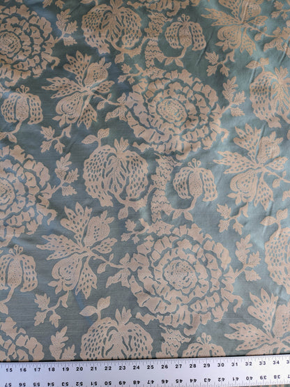 BTY 100% Silk Lampas Papercut Tree Of Life Pom "Aquamist" Aqua Blue Beige