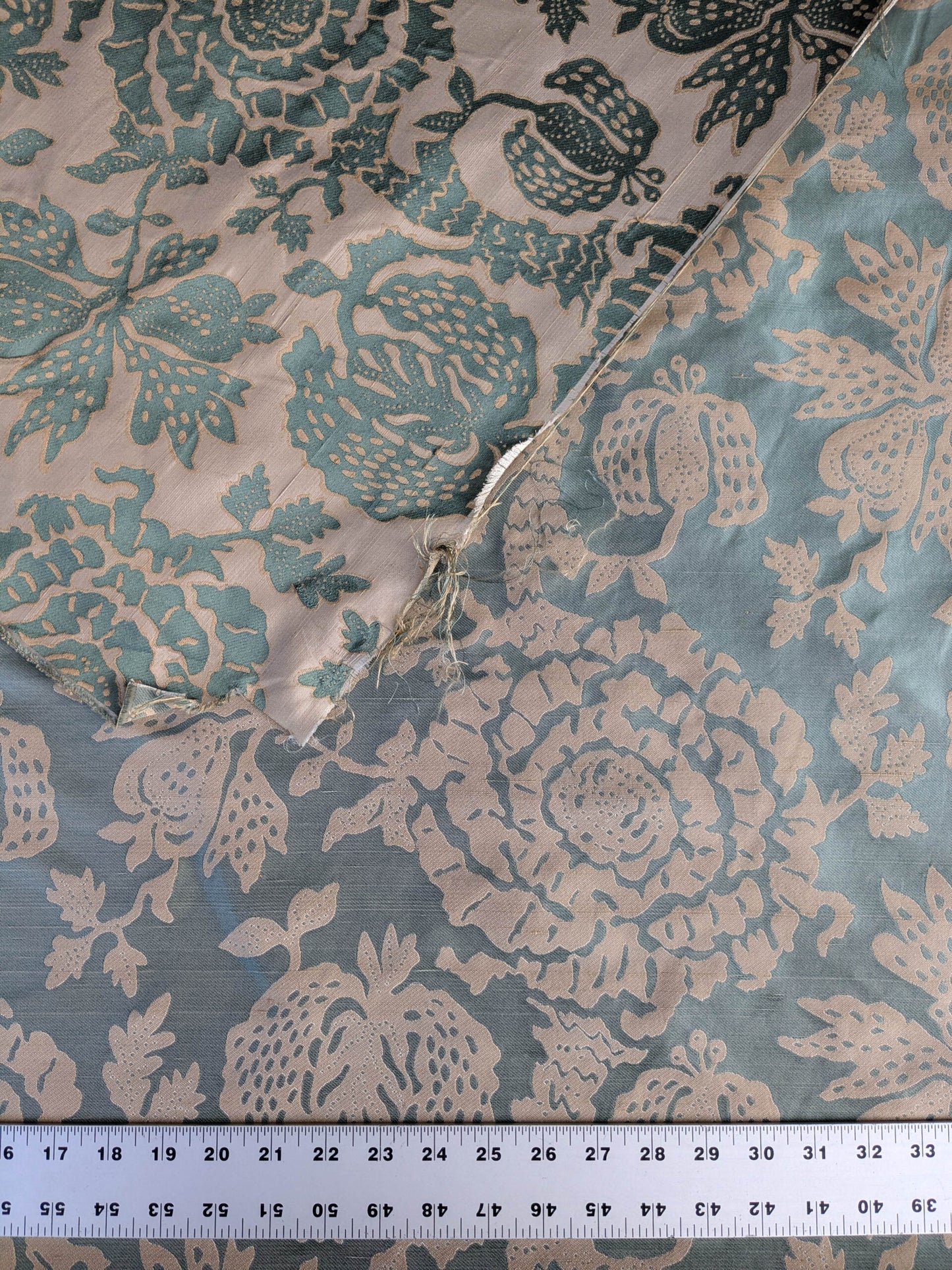 BTY 100% Silk Lampas Papercut Tree Of Life Pom "Aquamist" Aqua Blue Beige