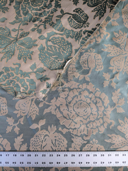 BTY 100% Silk Lampas Papercut Tree Of Life Pom "Aquamist" Aqua Blue Beige