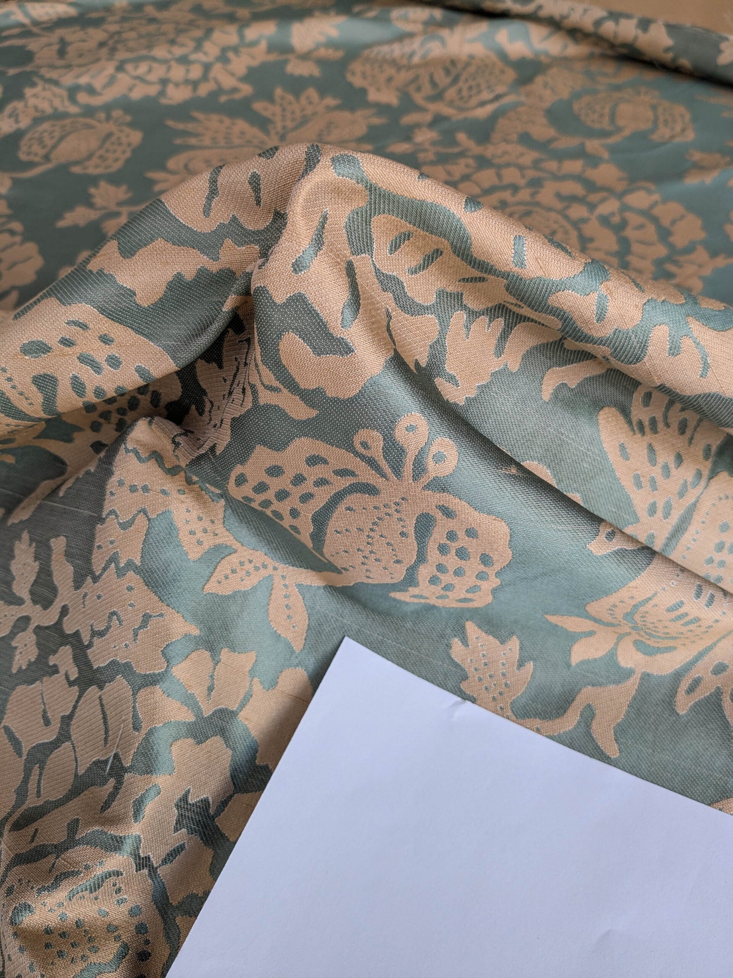 BTY 100% Silk Lampas Papercut Tree Of Life Pom "Aquamist" Aqua Blue Beige