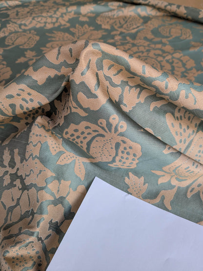 BTY 100% Silk Lampas Papercut Tree Of Life Pom "Aquamist" Aqua Blue Beige