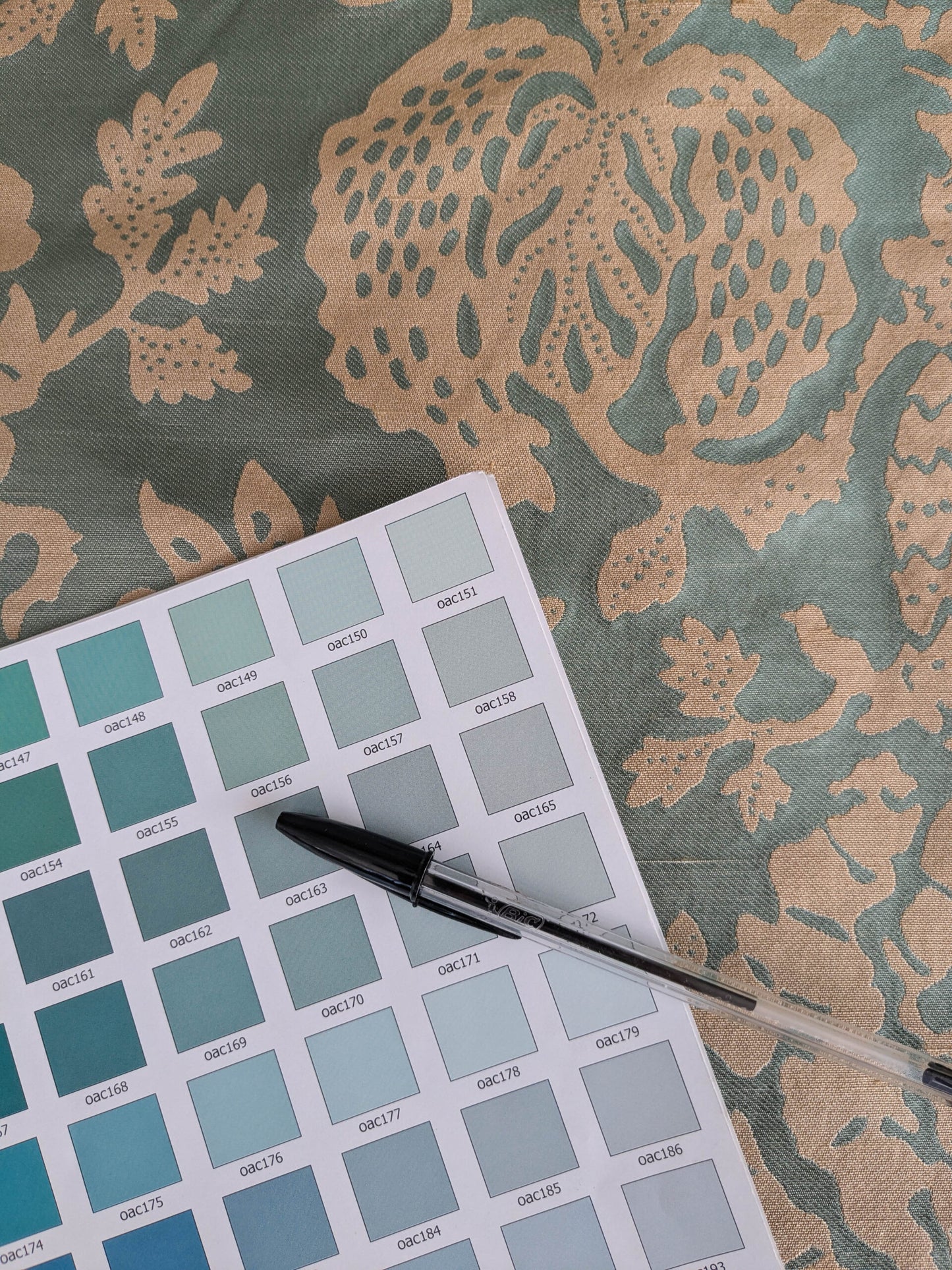 BTY 100% Silk Lampas Papercut Tree Of Life Pom "Aquamist" Aqua Blue Beige