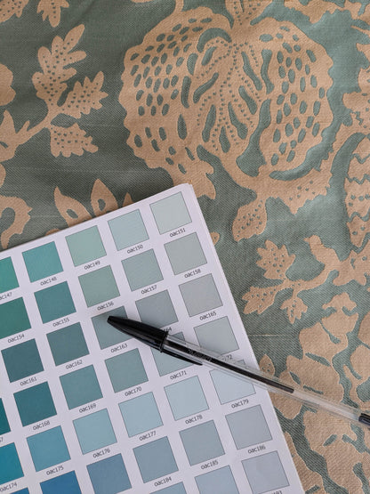 BTY 100% Silk Lampas Papercut Tree Of Life Pom "Aquamist" Aqua Blue Beige