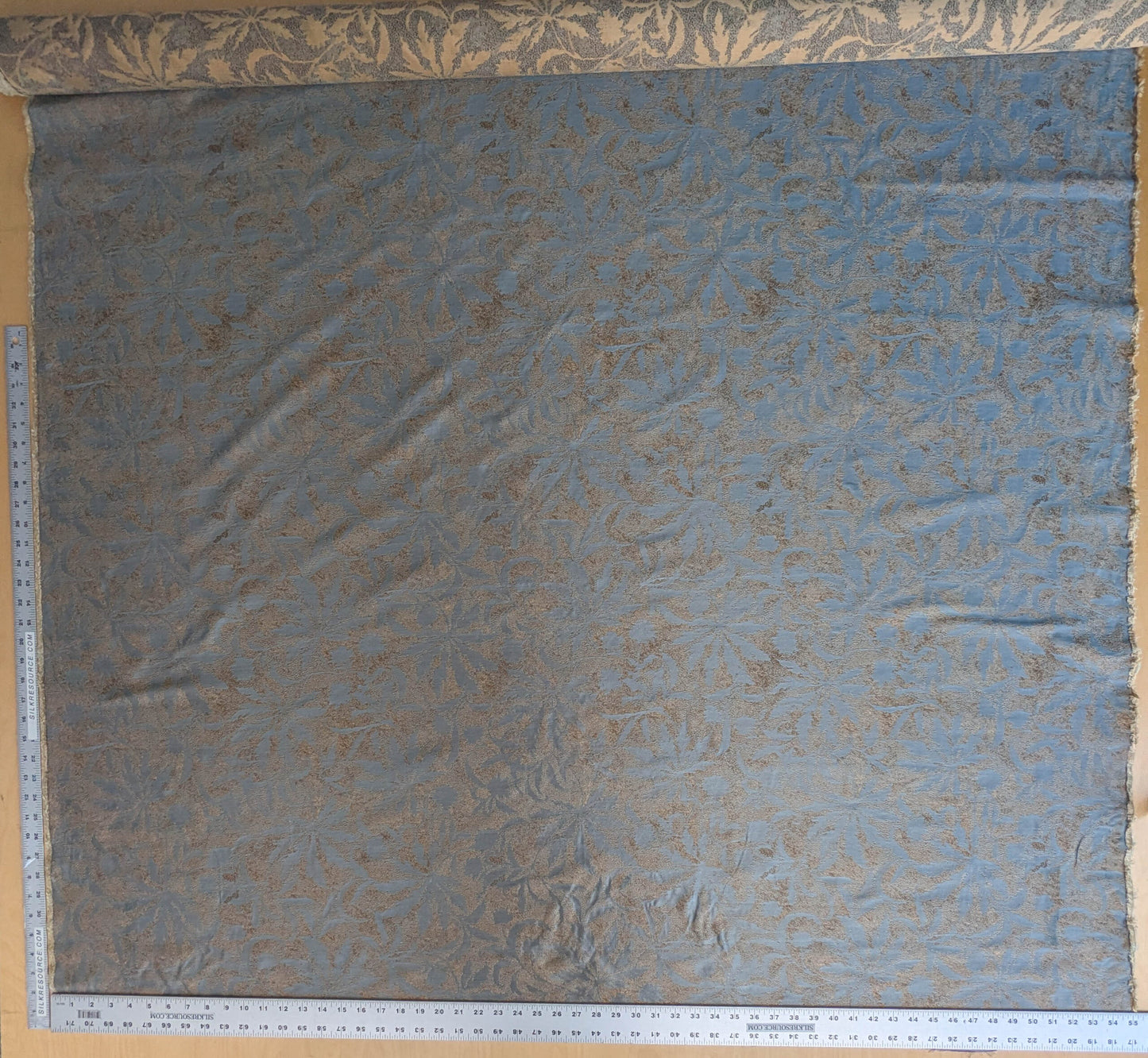 by yard 100% Silk Jacquard Palm Japanese Maple Leaf Foliage Magic "Pool" Blue Brown