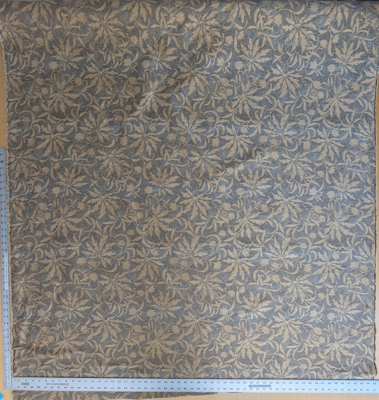 by yard 100% Silk Jacquard Palm Japanese Maple Leaf Foliage Magic "Pool" Blue Brown