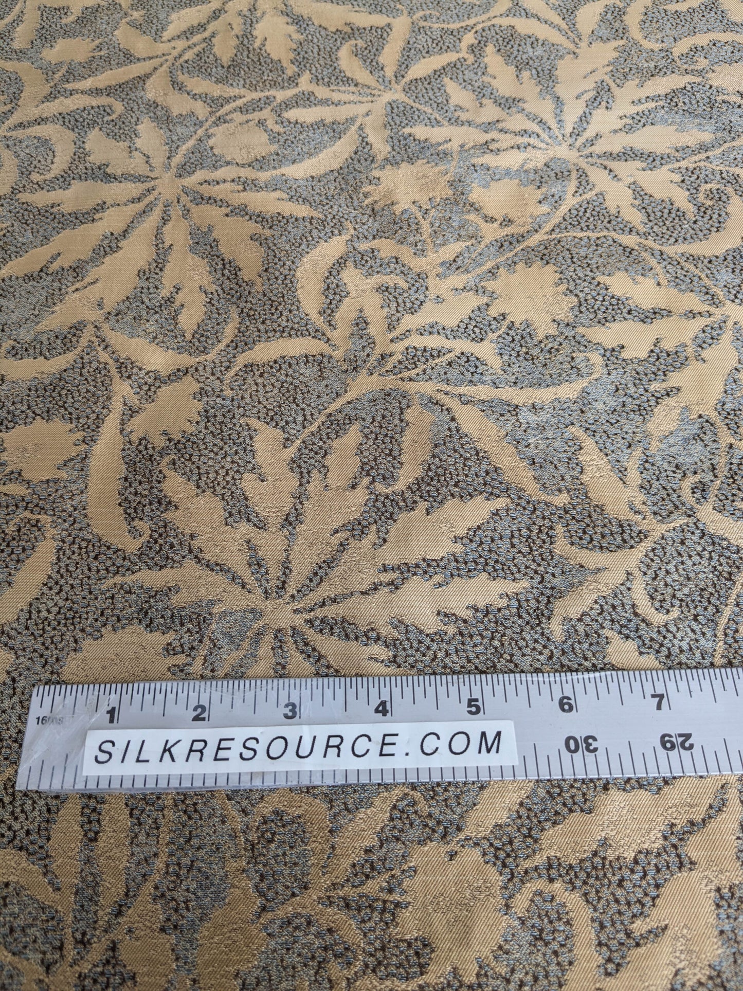 by yard 100% Silk Jacquard Palm Japanese Maple Leaf Foliage Magic "Pool" Blue Brown