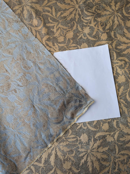 by yard 100% Silk Jacquard Palm Japanese Maple Leaf Foliage Magic "Pool" Blue Brown