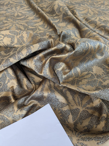 by yard 100% Silk Jacquard Palm Japanese Maple Leaf Foliage Magic "Pool" Blue Brown