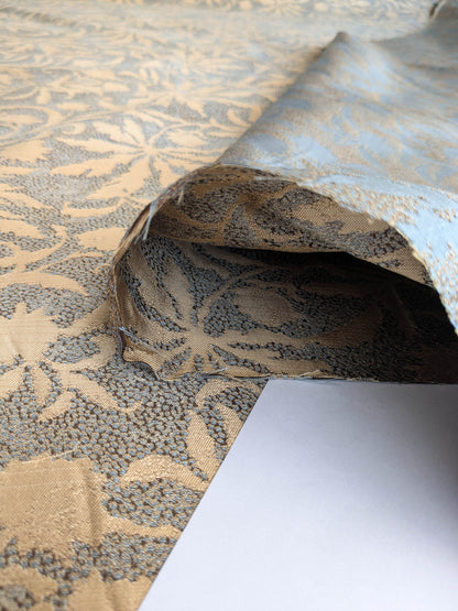 by yard 100% Silk Jacquard Palm Japanese Maple Leaf Foliage Magic "Pool" Blue Brown