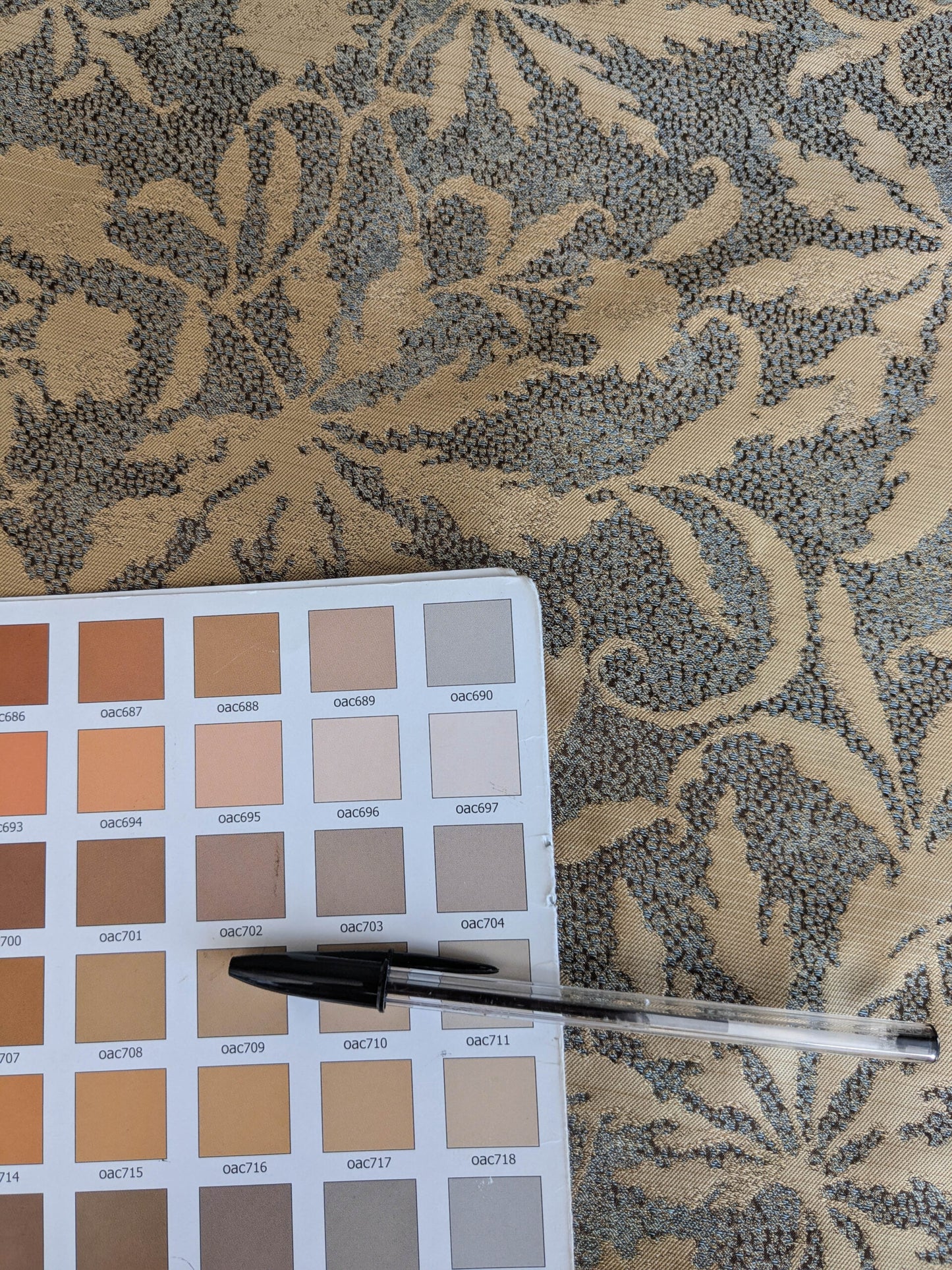 by yard 100% Silk Jacquard Palm Japanese Maple Leaf Foliage Magic "Pool" Blue Brown