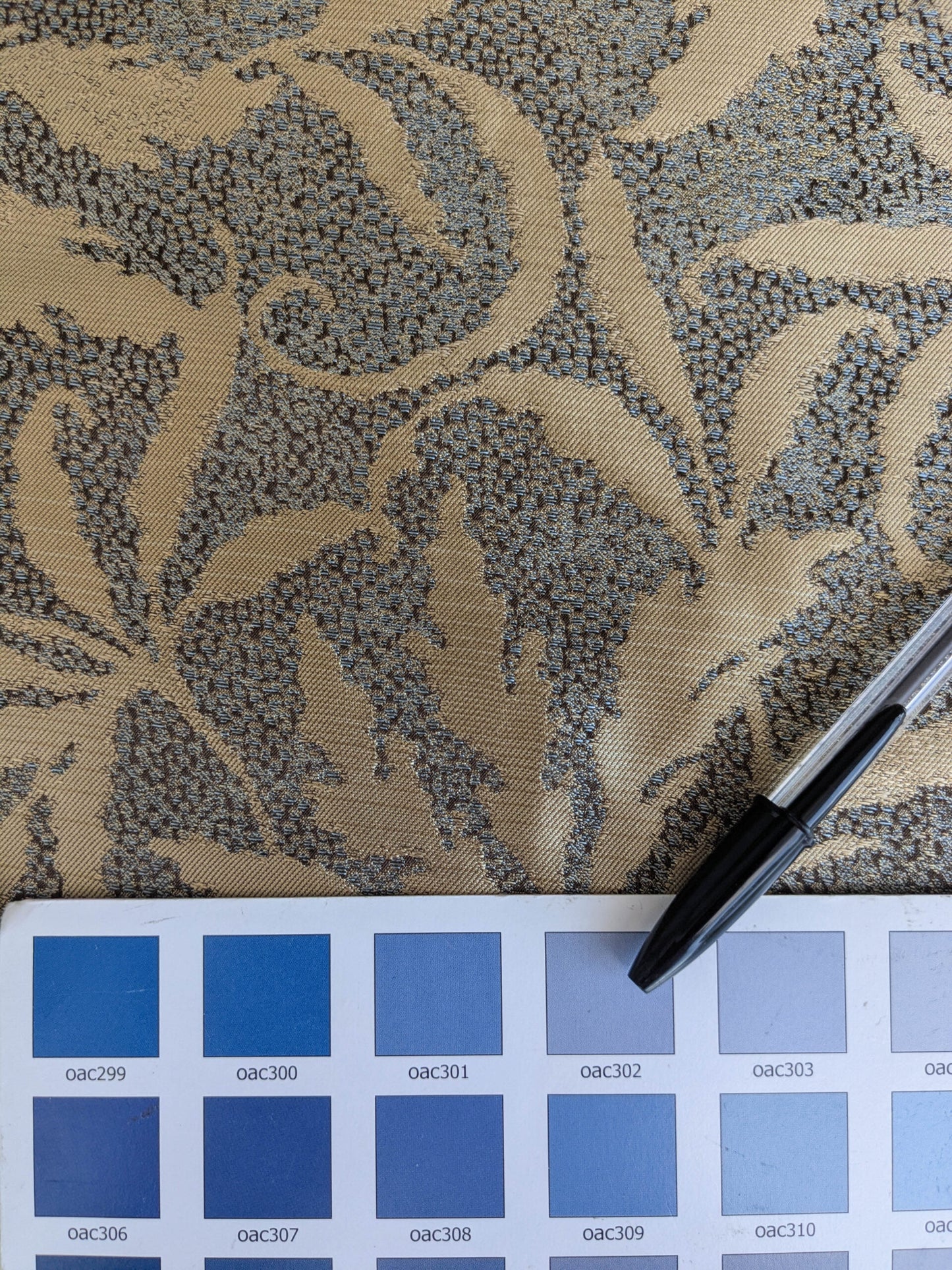 by yard 100% Silk Jacquard Palm Japanese Maple Leaf Foliage Magic "Pool" Blue Brown