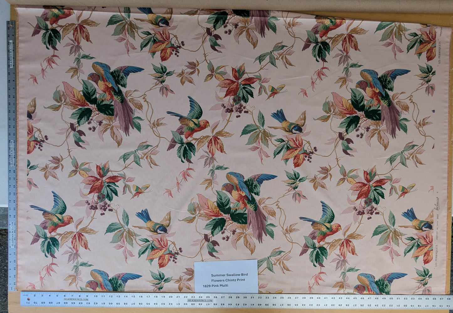 Summer Swallow Bird Flowers Chintz Print -  Pink Multi - By The Yard