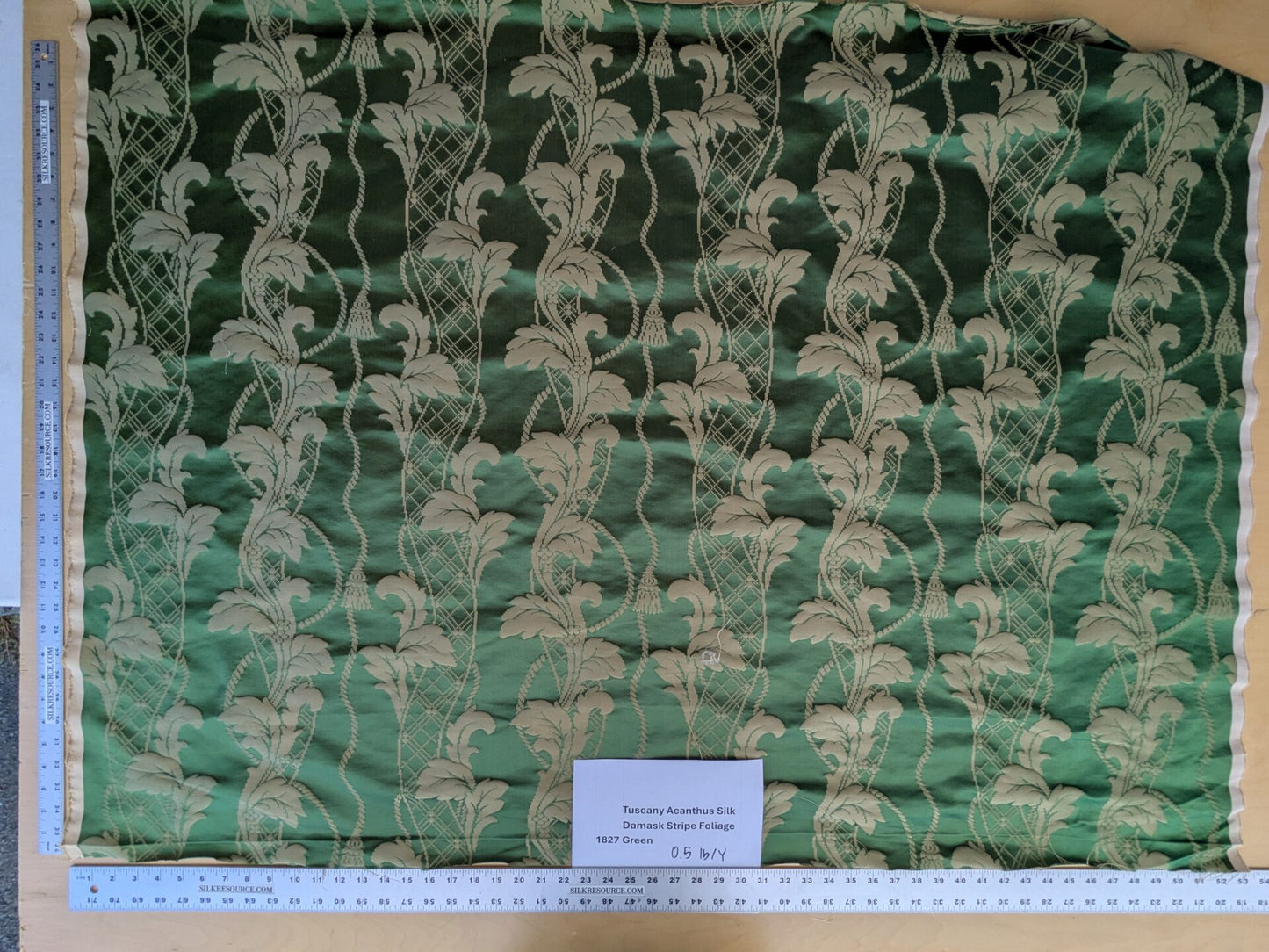By yard Tuscany Acanthus Silk Damask Stripe Emerald Foliage Green