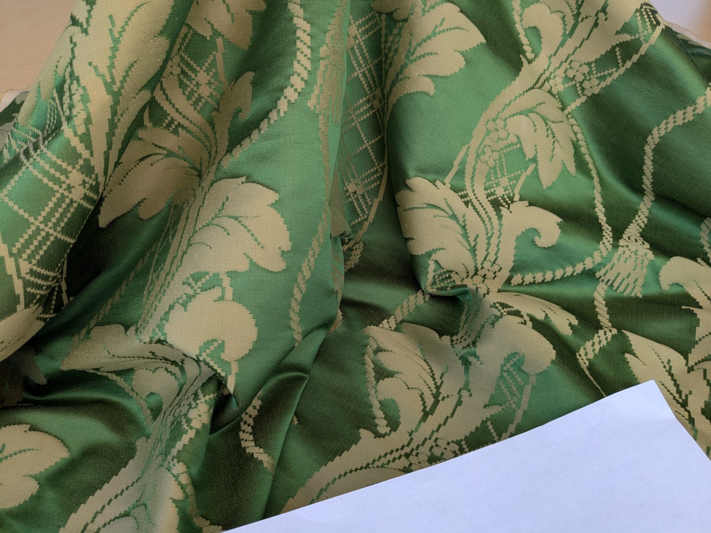 By yard Tuscany Acanthus Silk Damask Stripe Emerald Foliage Green