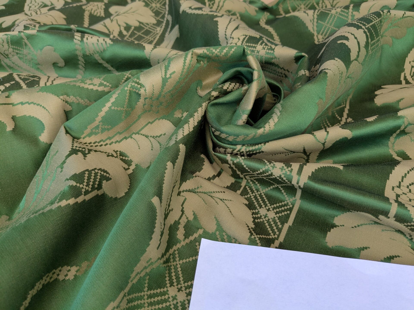 By yard Tuscany Acanthus Silk Damask Stripe Emerald Foliage Green