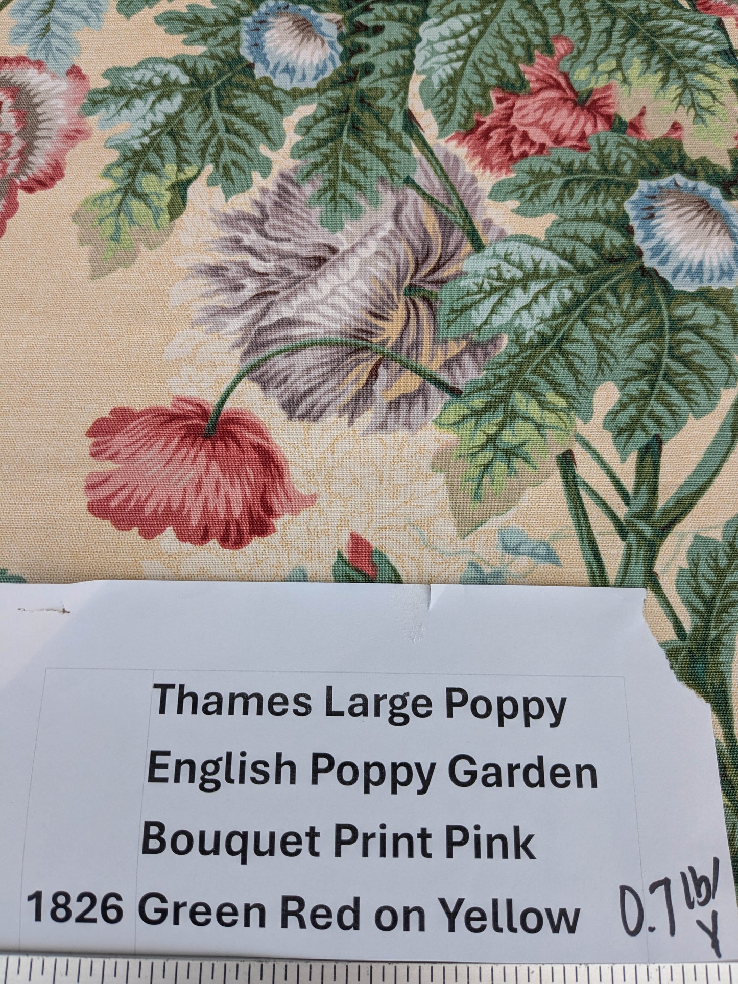 Thames Large English Garden Bouquet Line Print Fabric - Pink Green Red on Yellow - By The Yard