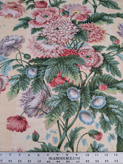 Thames Large English Garden Bouquet Line Print Fabric - Pink Green Red on Yellow - By The Yard