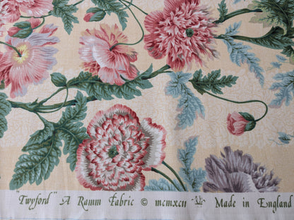 Thames Large English Garden Bouquet Line Print Fabric - Pink Green Red on Yellow - By The Yard