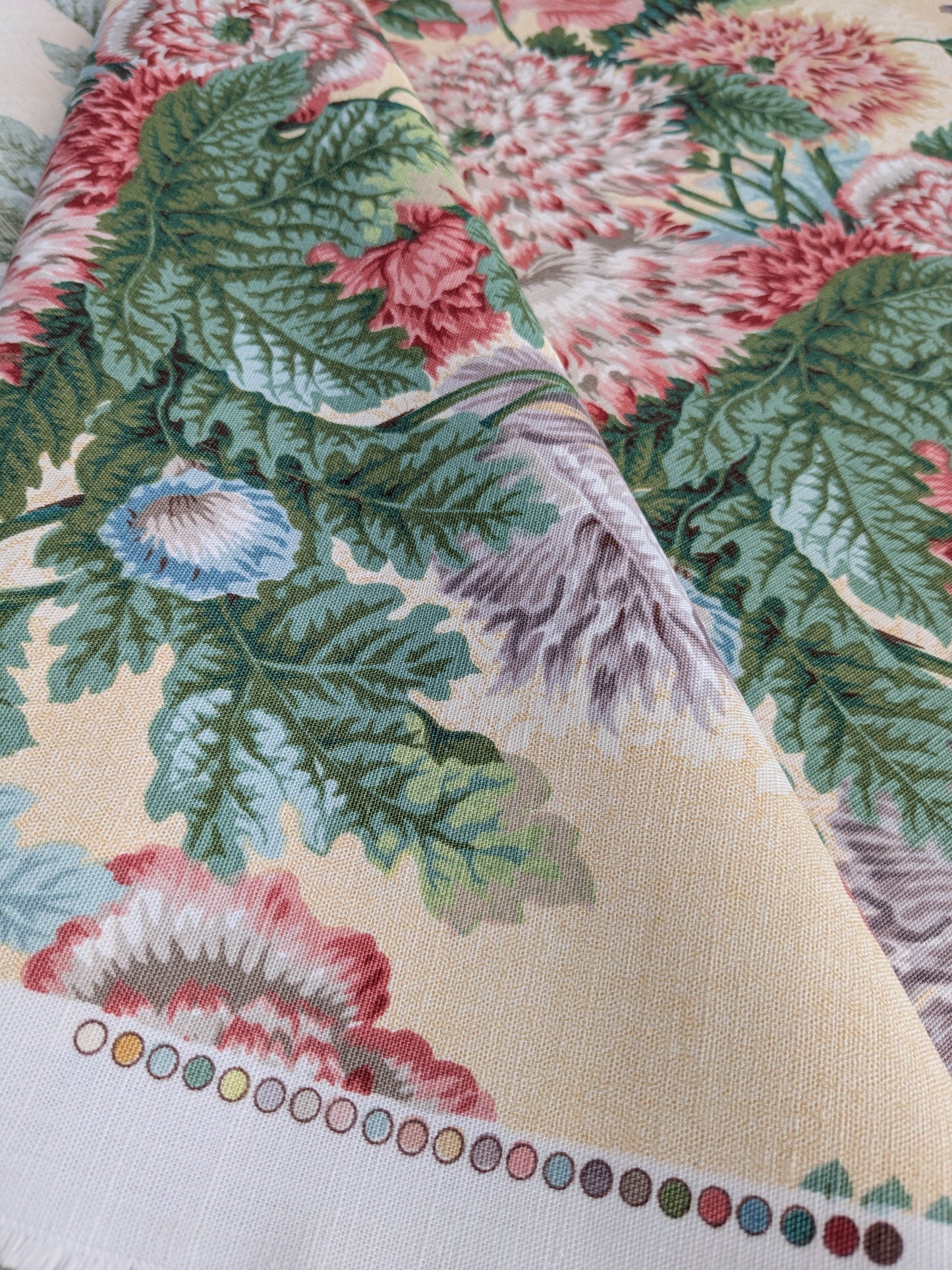 Thames Large English Garden Bouquet Line Print Fabric - Pink Green Red on Yellow - By The Yard