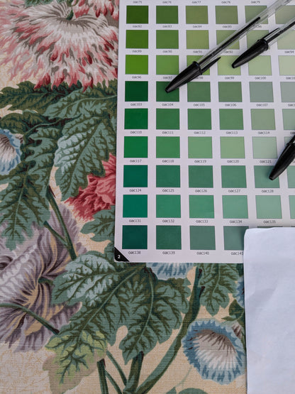 Thames Large English Garden Bouquet Line Print Fabric - Pink Green Red on Yellow - By The Yard