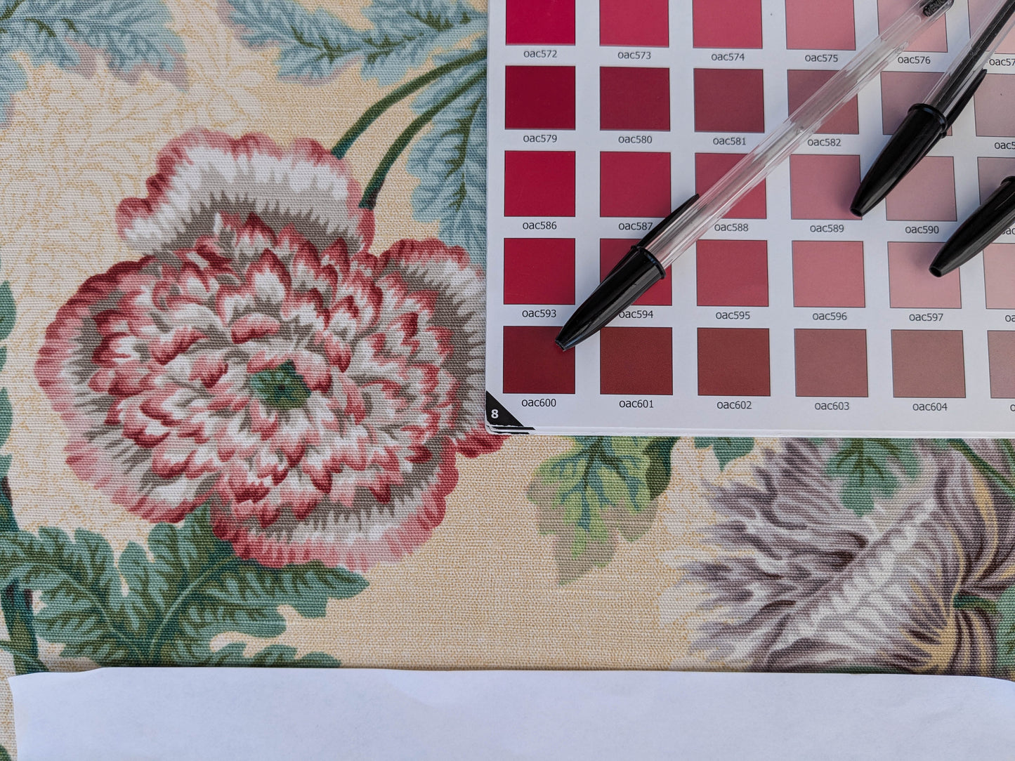 Thames Large English Garden Bouquet Line Print Fabric - Pink Green Red on Yellow - By The Yard