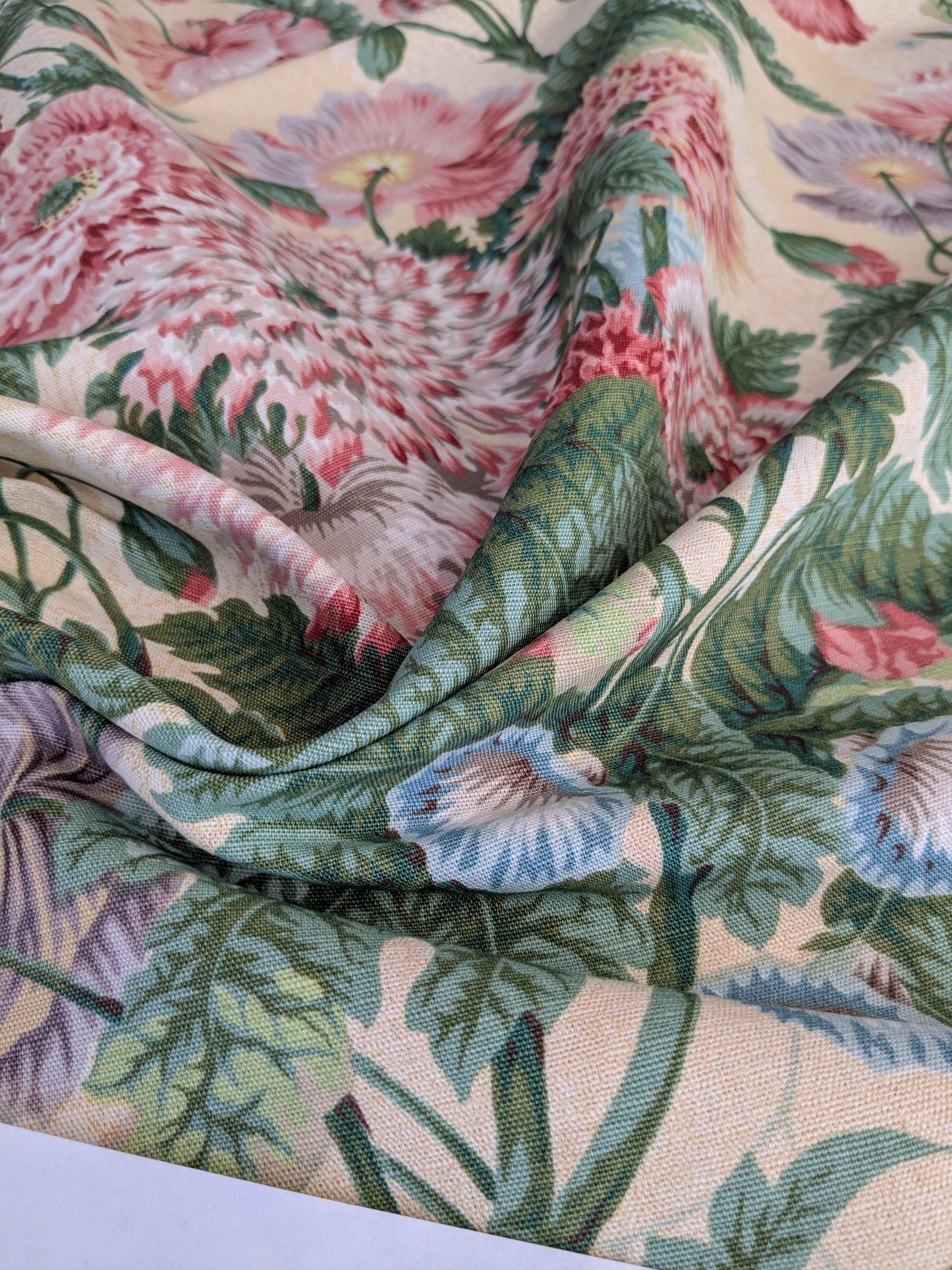 Thames Large English Garden Bouquet Line Print Fabric - Pink Green Red on Yellow - By The Yard