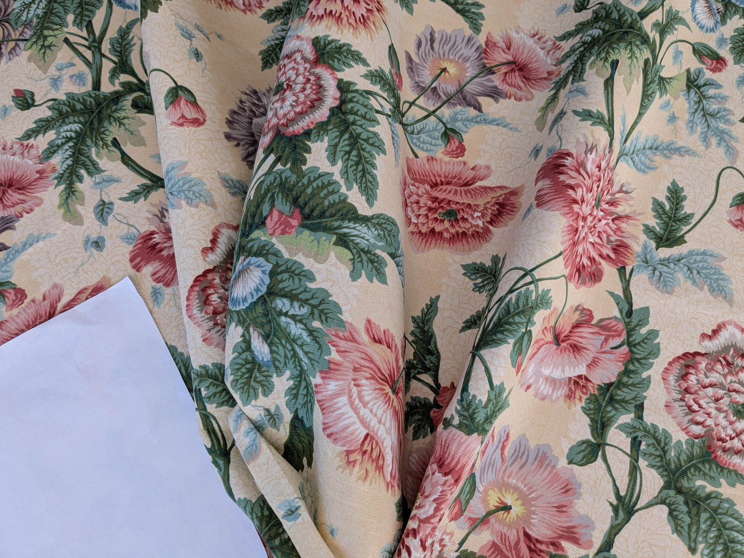 Thames Large English Garden Bouquet Line Print Fabric - Pink Green Red on Yellow - By The Yard