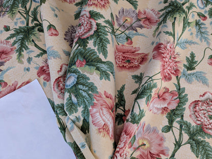 Thames Large English Garden Bouquet Line Print Fabric - Pink Green Red on Yellow - By The Yard