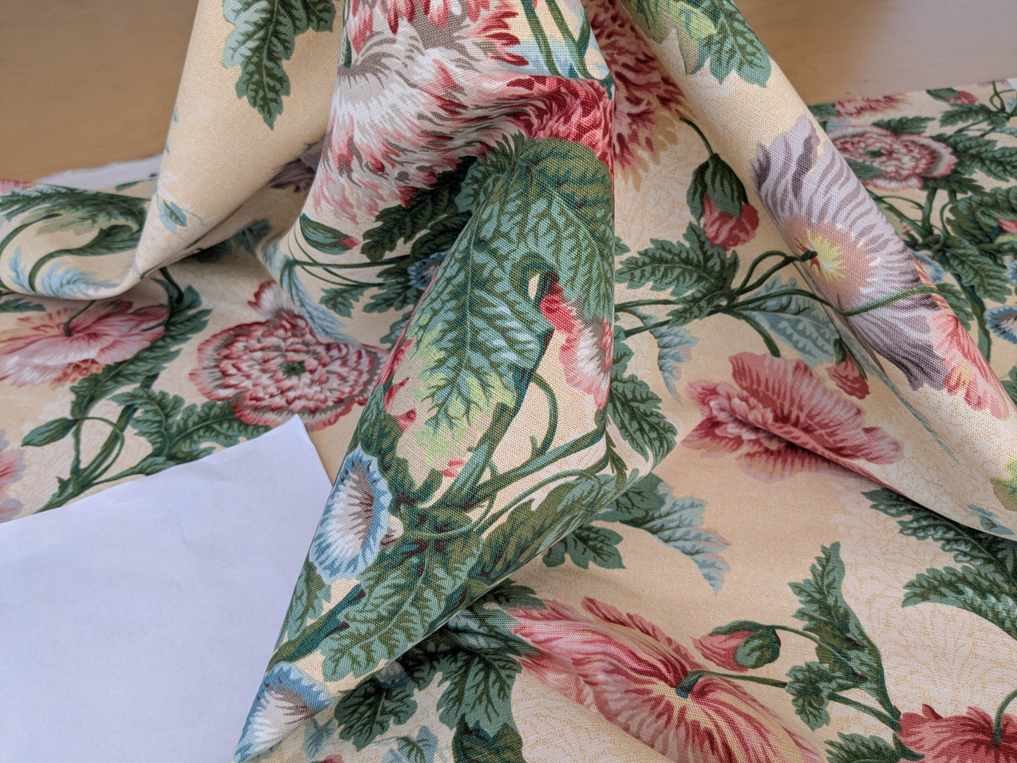 Thames Large English Garden Bouquet Line Print Fabric - Pink Green Red on Yellow - By The Yard