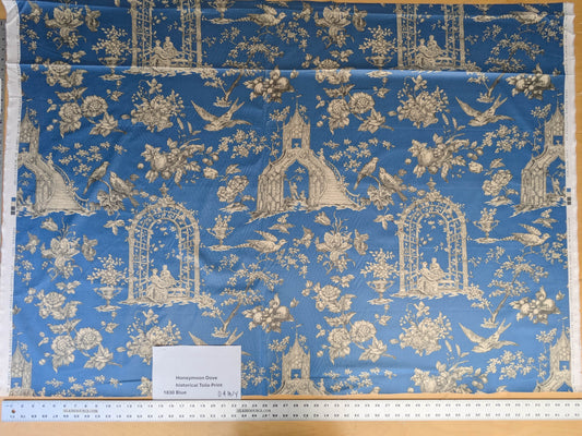 Honeymoon Dove Lovebird in Garden historical Toile Print Cotton - Blue - By The yard