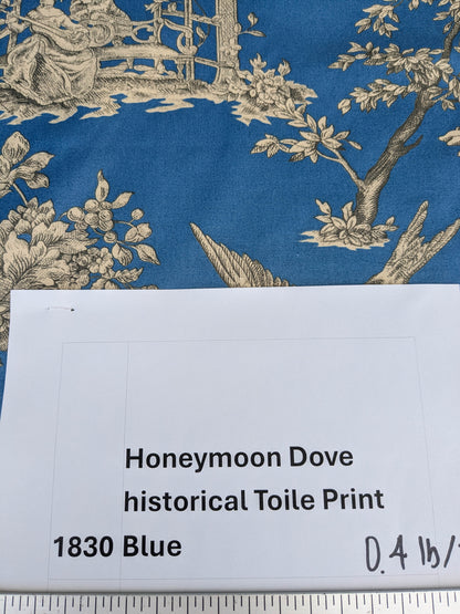 Honeymoon Dove Lovebird in Garden historical Toile Print Cotton Fabric - Blue - By The yard