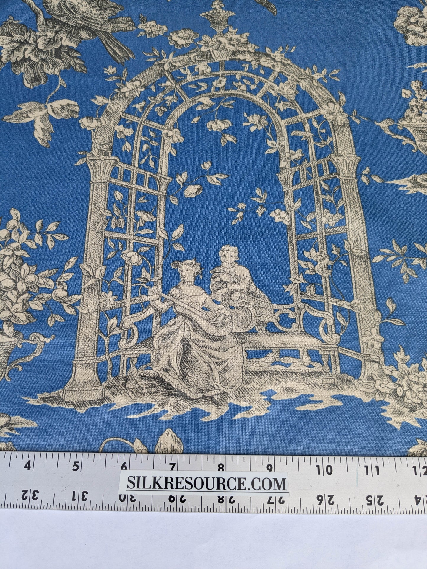 Honeymoon Dove Lovebird in Garden historical Toile Print Cotton Fabric - Blue - By The yard