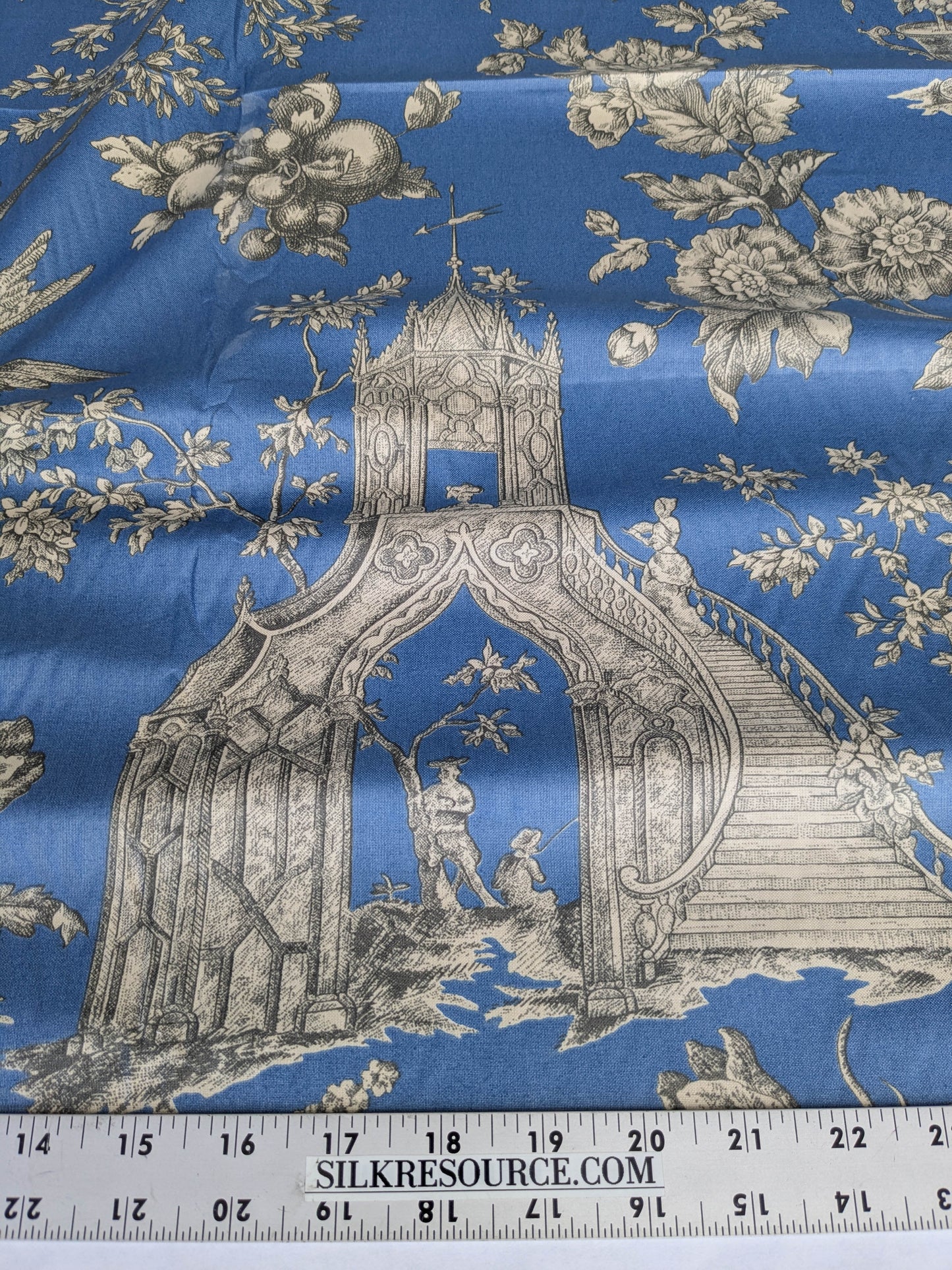 Honeymoon Dove Lovebird in Garden historical Toile Print Cotton Fabric - Blue - By The yard