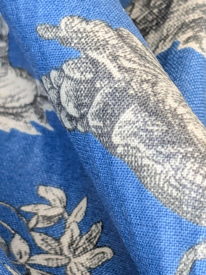 Honeymoon Dove Lovebird in Garden historical Toile Print Cotton Fabric - Blue - By The yard