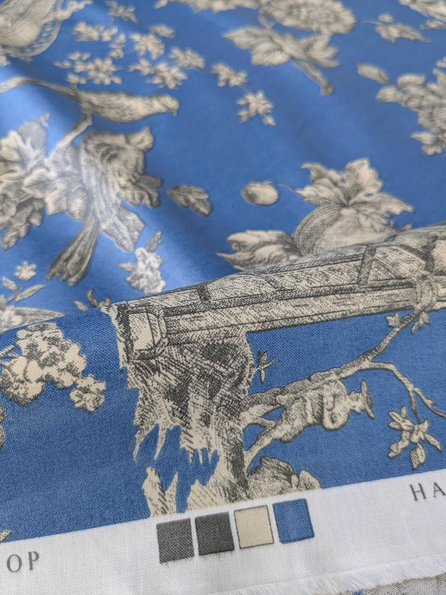 Honeymoon Dove Lovebird in Garden historical Toile Print Cotton Fabric - Blue - By The yard