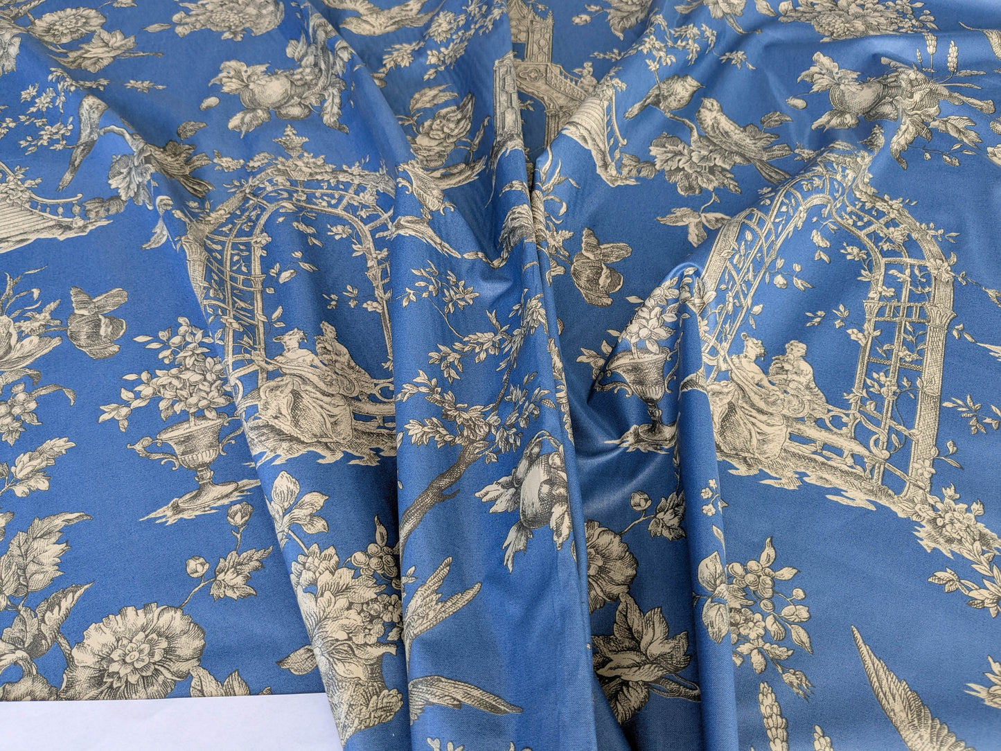 Honeymoon Dove Lovebird in Garden historical Toile Print Cotton Fabric - Blue - By The yard
