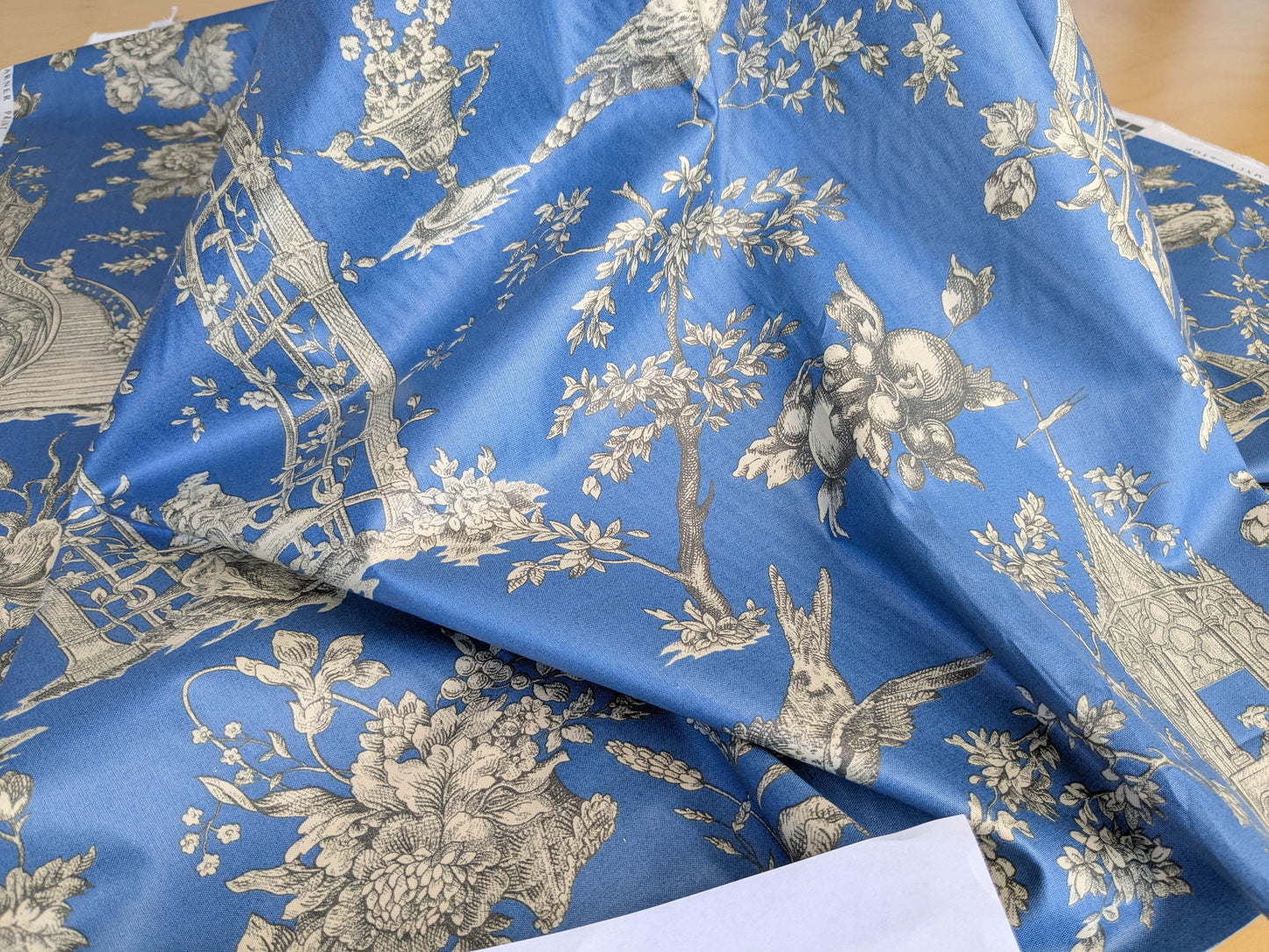 Honeymoon Dove Lovebird in Garden historical Toile Print Cotton Fabric - Blue - By The yard