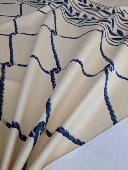 Royal Cord Trompe l'oeil print Chintz Cotton Fabric - blue and Cream - By The yard