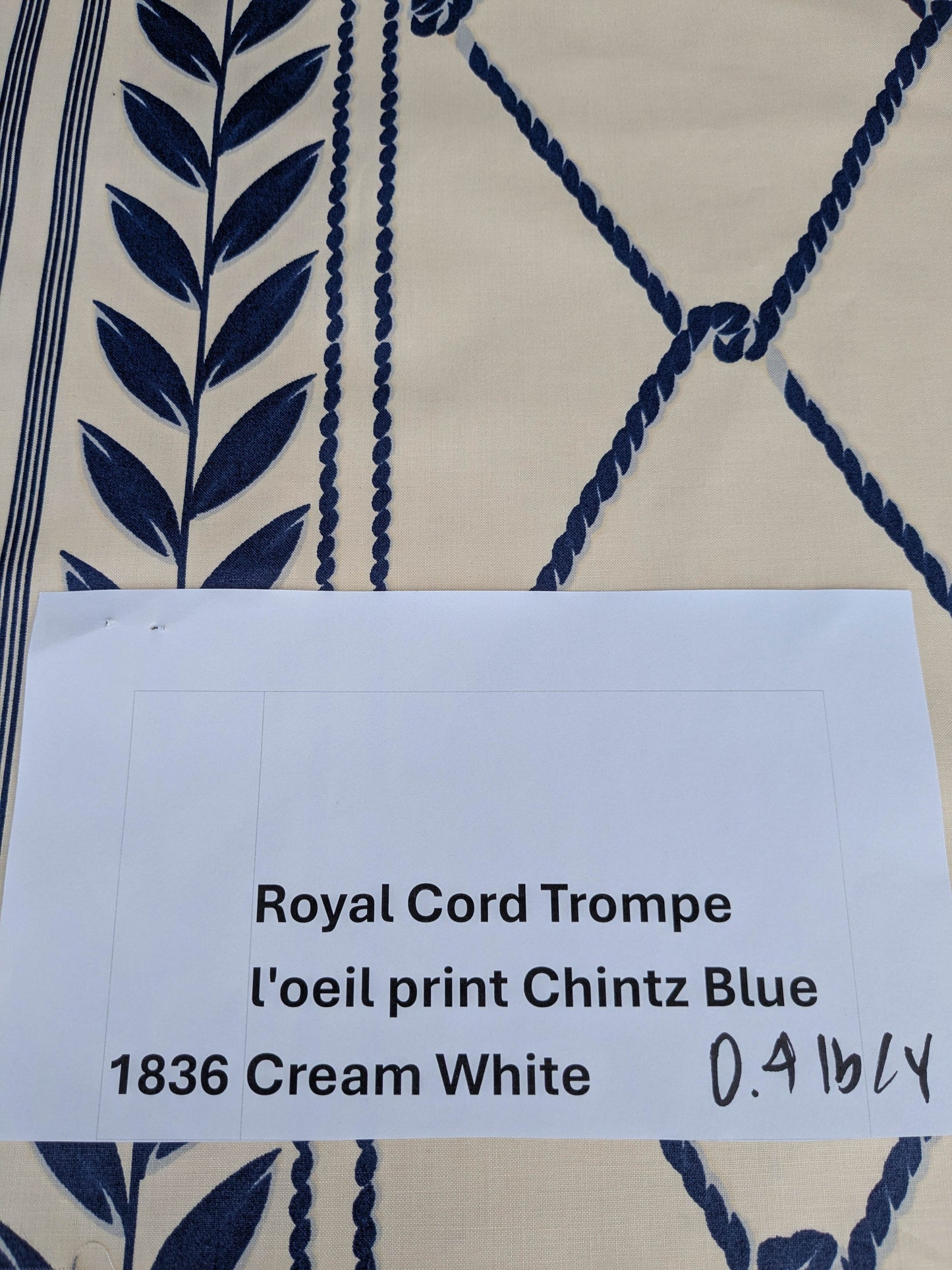 Royal Cord Trompe l'oeil print Chintz Cotton Fabric - blue and Cream - By The yard