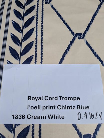 Royal Cord Trompe l'oeil print Chintz Cotton Fabric - blue and Cream - By The yard