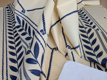 Royal Cord Trompe l'oeil print Chintz Cotton Fabric - blue and Cream - By The yard