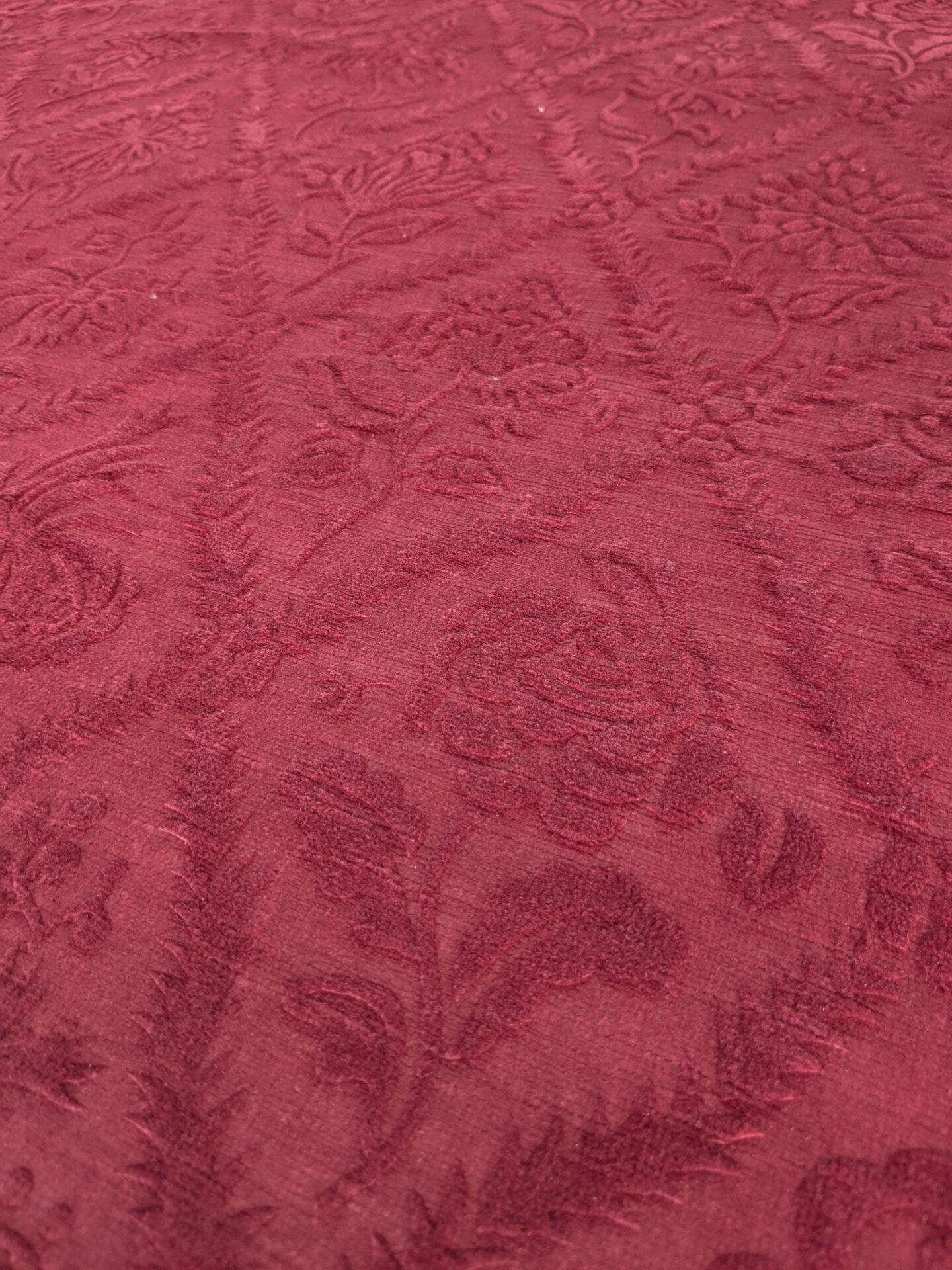By yard Walled Garden Linen Velvet Gauffrage Rose Peony Lily Tulip Renaissance Embossed Velvet Indian Red MSRP USD 898/Y