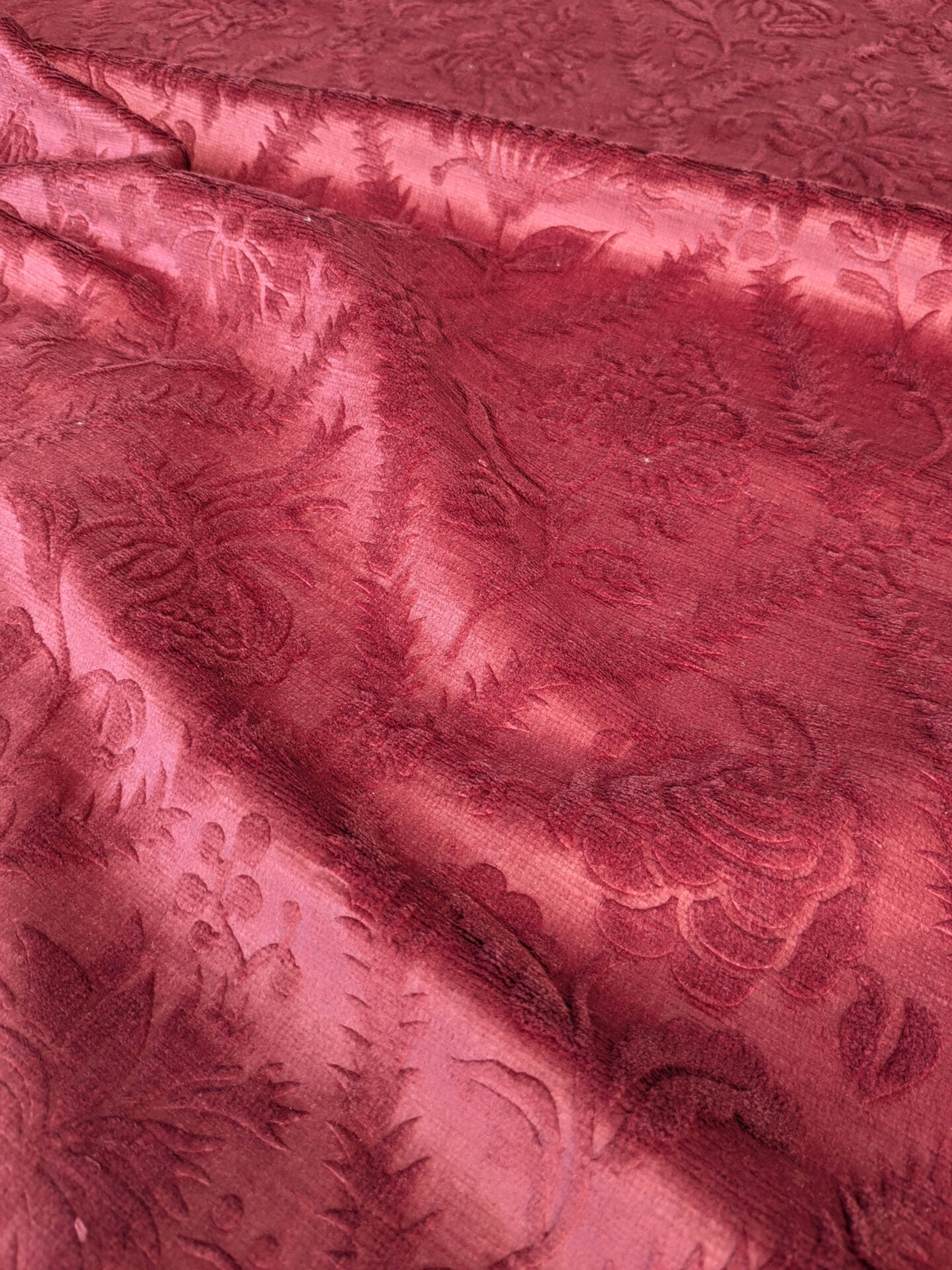 By yard Walled Garden Linen Velvet Gauffrage Rose Peony Lily Tulip Renaissance Embossed Velvet Indian Red MSRP USD 898/Y