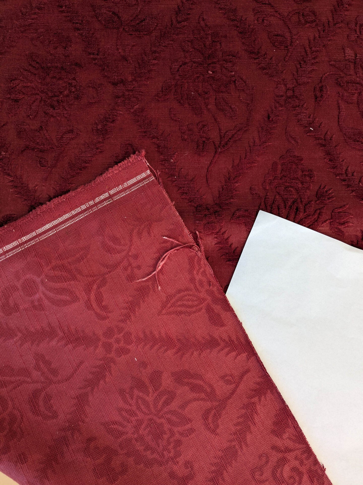 By yard Walled Garden Linen Velvet Gauffrage Rose Peony Lily Tulip Renaissance Embossed Velvet Indian Red MSRP USD 898/Y