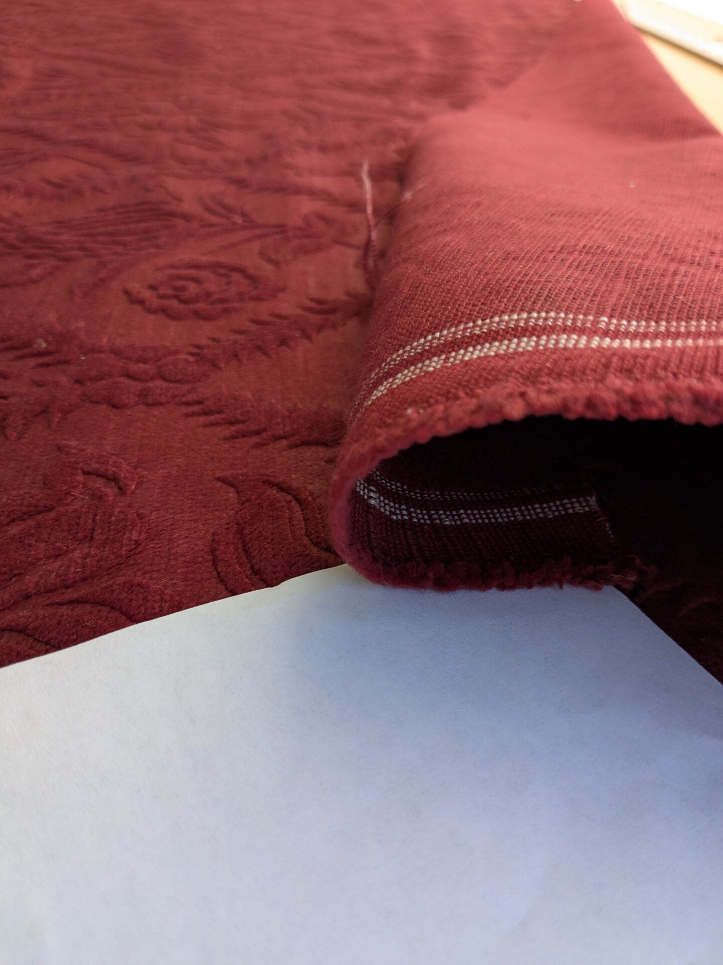 By yard Walled Garden Linen Velvet Gauffrage Rose Peony Lily Tulip Renaissance Embossed Velvet Indian Red MSRP USD 898/Y